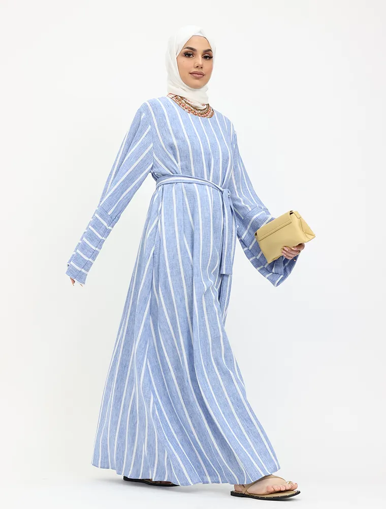 Blue Linen Feel Striped Belted Abaya